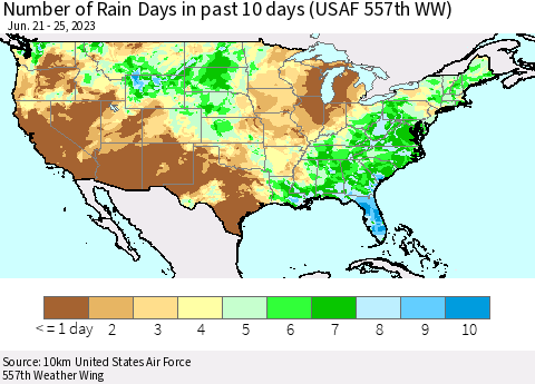 United States Number of Rain Days in past 10 days (USAF 557th WW) Thematic Map For 6/21/2023 - 6/25/2023