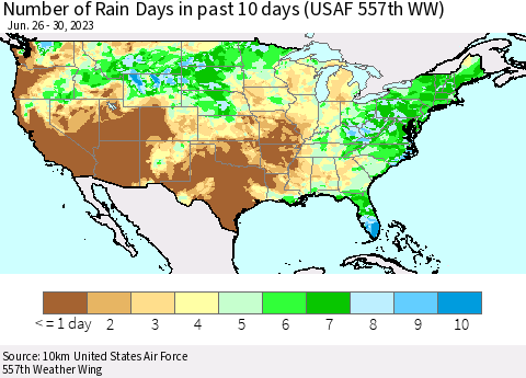 United States Number of Rain Days in past 10 days (USAF 557th WW) Thematic Map For 6/26/2023 - 6/30/2023