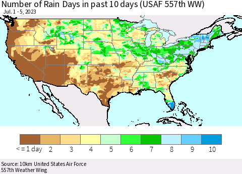 United States Number of Rain Days in past 10 days (USAF 557th WW) Thematic Map For 7/1/2023 - 7/5/2023