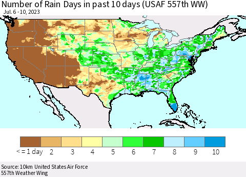 United States Number of Rain Days in past 10 days (USAF 557th WW) Thematic Map For 7/6/2023 - 7/10/2023
