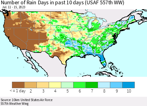 United States Number of Rain Days in past 10 days (USAF 557th WW) Thematic Map For 7/11/2023 - 7/15/2023
