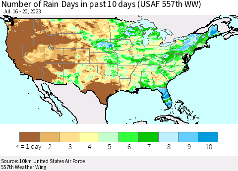United States Number of Rain Days in past 10 days (USAF 557th WW) Thematic Map For 7/16/2023 - 7/20/2023
