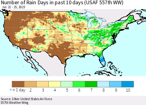 United States Number of Rain Days in past 10 days (USAF 557th WW) Thematic Map For 7/21/2023 - 7/25/2023