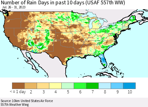 United States Number of Rain Days in past 10 days (USAF 557th WW) Thematic Map For 7/26/2023 - 7/31/2023