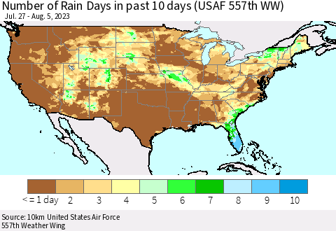 United States Number of Rain Days in past 10 days (USAF 557th WW) Thematic Map For 8/1/2023 - 8/5/2023