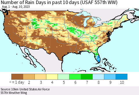 United States Number of Rain Days in past 10 days (USAF 557th WW) Thematic Map For 8/6/2023 - 8/10/2023