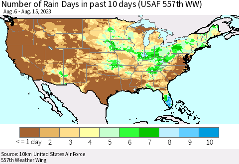 United States Number of Rain Days in past 10 days (USAF 557th WW) Thematic Map For 8/11/2023 - 8/15/2023