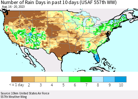 United States Number of Rain Days in past 10 days (USAF 557th WW) Thematic Map For 8/16/2023 - 8/20/2023