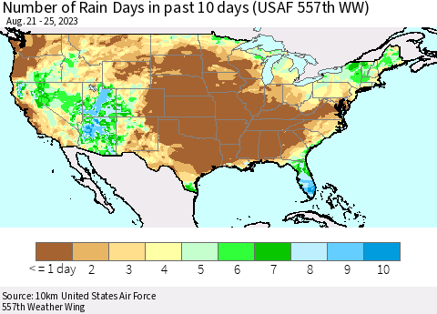 United States Number of Rain Days in past 10 days (USAF 557th WW) Thematic Map For 8/21/2023 - 8/25/2023