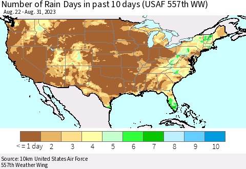 United States Number of Rain Days in past 10 days (USAF 557th WW) Thematic Map For 8/26/2023 - 8/31/2023