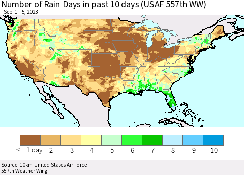 United States Number of Rain Days in past 10 days (USAF 557th WW) Thematic Map For 9/1/2023 - 9/5/2023