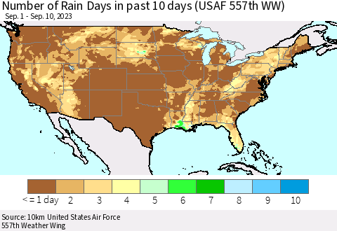 United States Number of Rain Days in past 10 days (USAF 557th WW) Thematic Map For 9/6/2023 - 9/10/2023