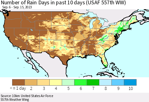 United States Number of Rain Days in past 10 days (USAF 557th WW) Thematic Map For 9/11/2023 - 9/15/2023