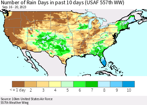United States Number of Rain Days in past 10 days (USAF 557th WW) Thematic Map For 9/16/2023 - 9/20/2023