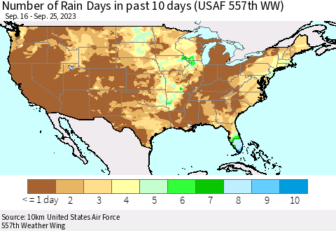 United States Number of Rain Days in past 10 days (USAF 557th WW) Thematic Map For 9/21/2023 - 9/25/2023