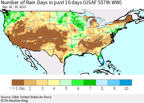 United States Number of Rain Days in past 10 days (USAF 557th WW) Thematic Map For 9/26/2023 - 9/30/2023