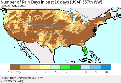 United States Number of Rain Days in past 10 days (USAF 557th WW) Thematic Map For 10/1/2023 - 10/5/2023