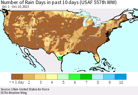 United States Number of Rain Days in past 10 days (USAF 557th WW) Thematic Map For 10/6/2023 - 10/10/2023