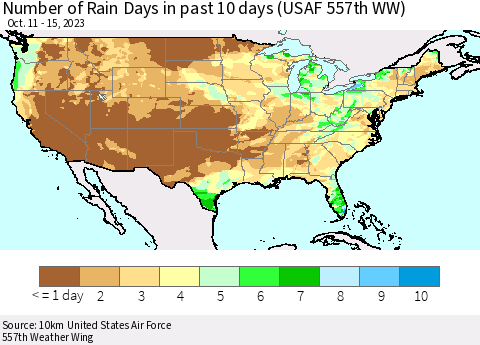 United States Number of Rain Days in past 10 days (USAF 557th WW) Thematic Map For 10/11/2023 - 10/15/2023