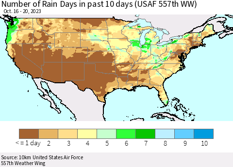 United States Number of Rain Days in past 10 days (USAF 557th WW) Thematic Map For 10/16/2023 - 10/20/2023