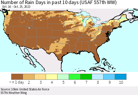 United States Number of Rain Days in past 10 days (USAF 557th WW) Thematic Map For 10/21/2023 - 10/25/2023