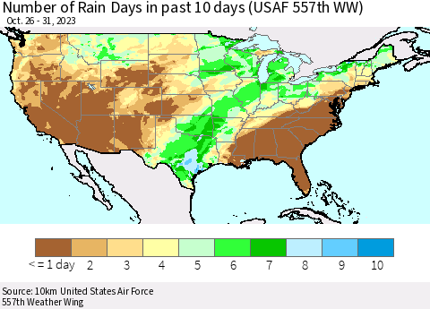 United States Number of Rain Days in past 10 days (USAF 557th WW) Thematic Map For 10/26/2023 - 10/31/2023