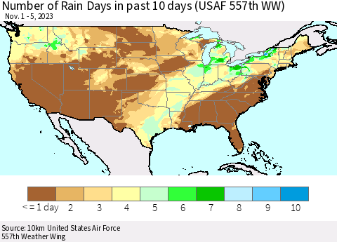 United States Number of Rain Days in past 10 days (USAF 557th WW) Thematic Map For 11/1/2023 - 11/5/2023