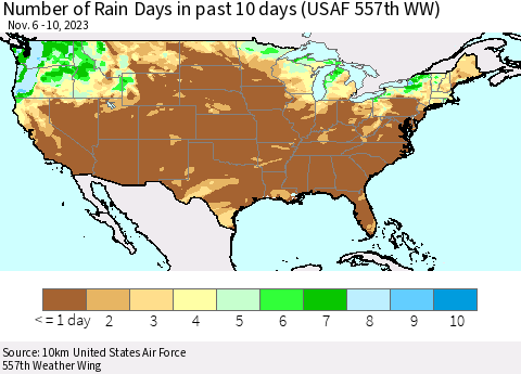 United States Number of Rain Days in past 10 days (USAF 557th WW) Thematic Map For 11/6/2023 - 11/10/2023
