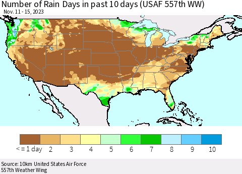 United States Number of Rain Days in past 10 days (USAF 557th WW) Thematic Map For 11/11/2023 - 11/15/2023