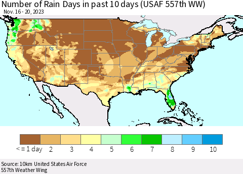 United States Number of Rain Days in past 10 days (USAF 557th WW) Thematic Map For 11/16/2023 - 11/20/2023