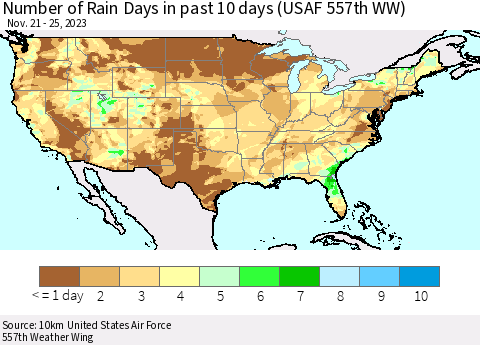 United States Number of Rain Days in past 10 days (USAF 557th WW) Thematic Map For 11/21/2023 - 11/25/2023