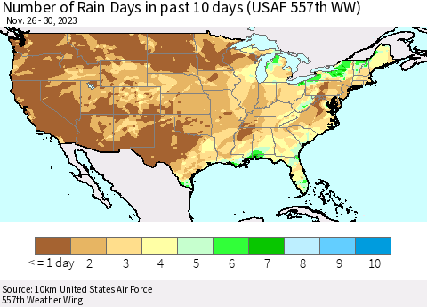 United States Number of Rain Days in past 10 days (USAF 557th WW) Thematic Map For 11/26/2023 - 11/30/2023