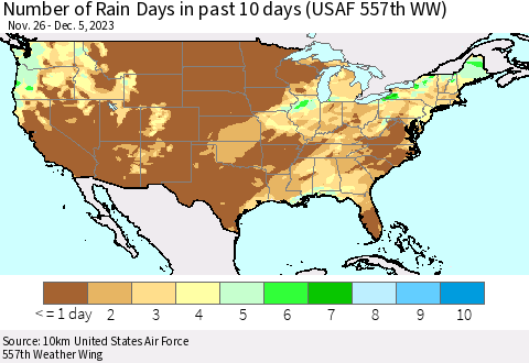 United States Number of Rain Days in past 10 days (USAF 557th WW) Thematic Map For 12/1/2023 - 12/5/2023