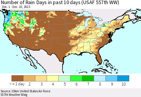 United States Number of Rain Days in past 10 days (USAF 557th WW) Thematic Map For 12/6/2023 - 12/10/2023