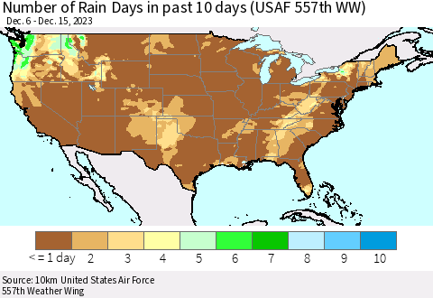 United States Number of Rain Days in past 10 days (USAF 557th WW) Thematic Map For 12/11/2023 - 12/15/2023