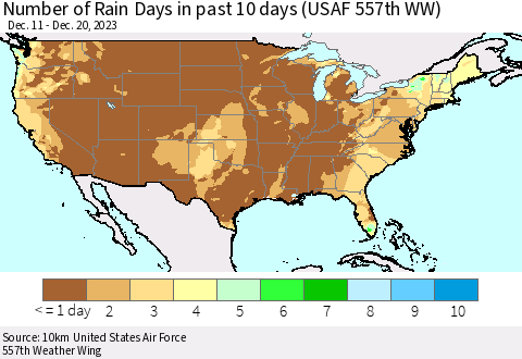 United States Number of Rain Days in past 10 days (USAF 557th WW) Thematic Map For 12/16/2023 - 12/20/2023
