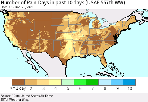 United States Number of Rain Days in past 10 days (USAF 557th WW) Thematic Map For 12/21/2023 - 12/25/2023