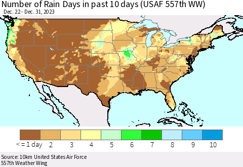 United States Number of Rain Days in past 10 days (USAF 557th WW) Thematic Map For 12/26/2023 - 12/31/2023