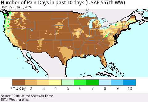 United States Number of Rain Days in past 10 days (USAF 557th WW) Thematic Map For 1/1/2024 - 1/5/2024