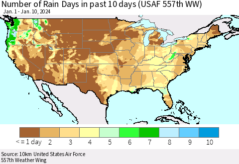 United States Number of Rain Days in past 10 days (USAF 557th WW) Thematic Map For 1/6/2024 - 1/10/2024