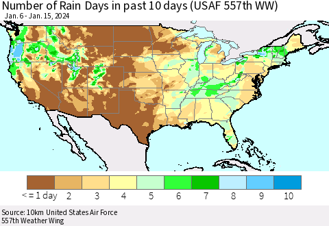 United States Number of Rain Days in past 10 days (USAF 557th WW) Thematic Map For 1/11/2024 - 1/15/2024