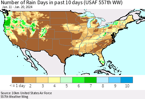 United States Number of Rain Days in past 10 days (USAF 557th WW) Thematic Map For 1/16/2024 - 1/20/2024