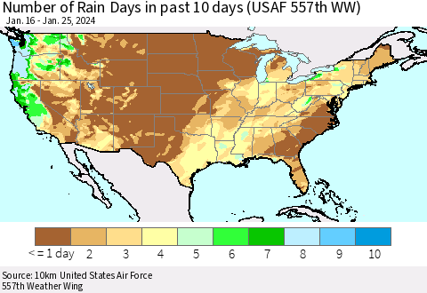 United States Number of Rain Days in past 10 days (USAF 557th WW) Thematic Map For 1/21/2024 - 1/25/2024