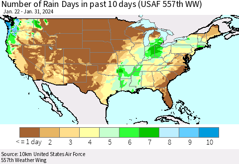 United States Number of Rain Days in past 10 days (USAF 557th WW) Thematic Map For 1/26/2024 - 1/31/2024