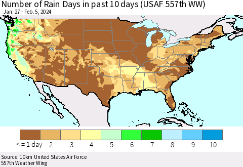 United States Number of Rain Days in past 10 days (USAF 557th WW) Thematic Map For 2/1/2024 - 2/5/2024