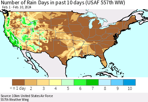 United States Number of Rain Days in past 10 days (USAF 557th WW) Thematic Map For 2/6/2024 - 2/10/2024