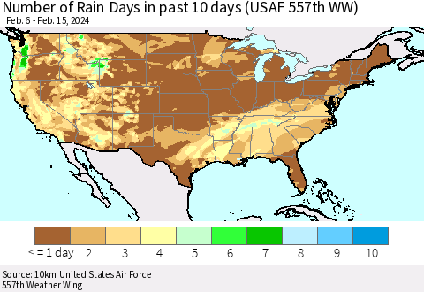 United States Number of Rain Days in past 10 days (USAF 557th WW) Thematic Map For 2/11/2024 - 2/15/2024