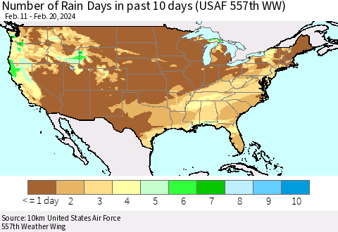United States Number of Rain Days in past 10 days (USAF 557th WW) Thematic Map For 2/16/2024 - 2/20/2024