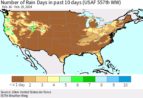 United States Number of Rain Days in past 10 days (USAF 557th WW) Thematic Map For 2/21/2024 - 2/25/2024