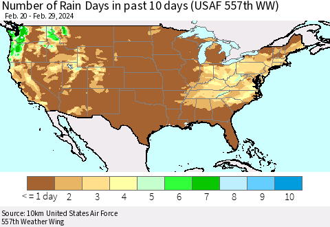 United States Number of Rain Days in past 10 days (USAF 557th WW) Thematic Map For 2/26/2024 - 2/29/2024